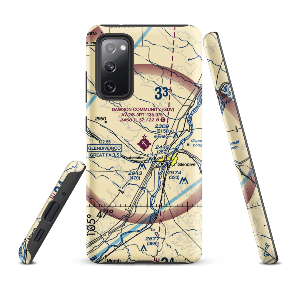 Dawson Community Airport (GDV) VFR Sectional Samsung Phone Case Samsung Galaxy S20 FE model shown