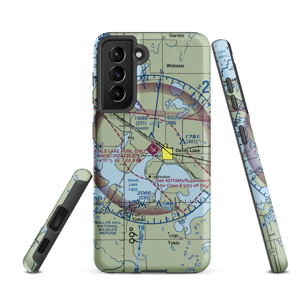 Devils Lake Regional Airport (DVL) VFR Sectional Samsung Phone Case Samsung Galaxy S21 FE model shown