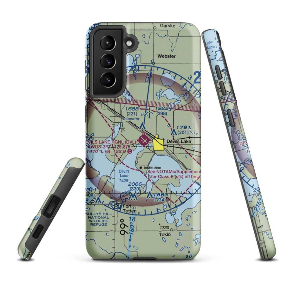 Devils Lake Regional Airport (DVL) VFR Sectional Samsung Phone Case Samsung Galaxy S21 Plus model shown