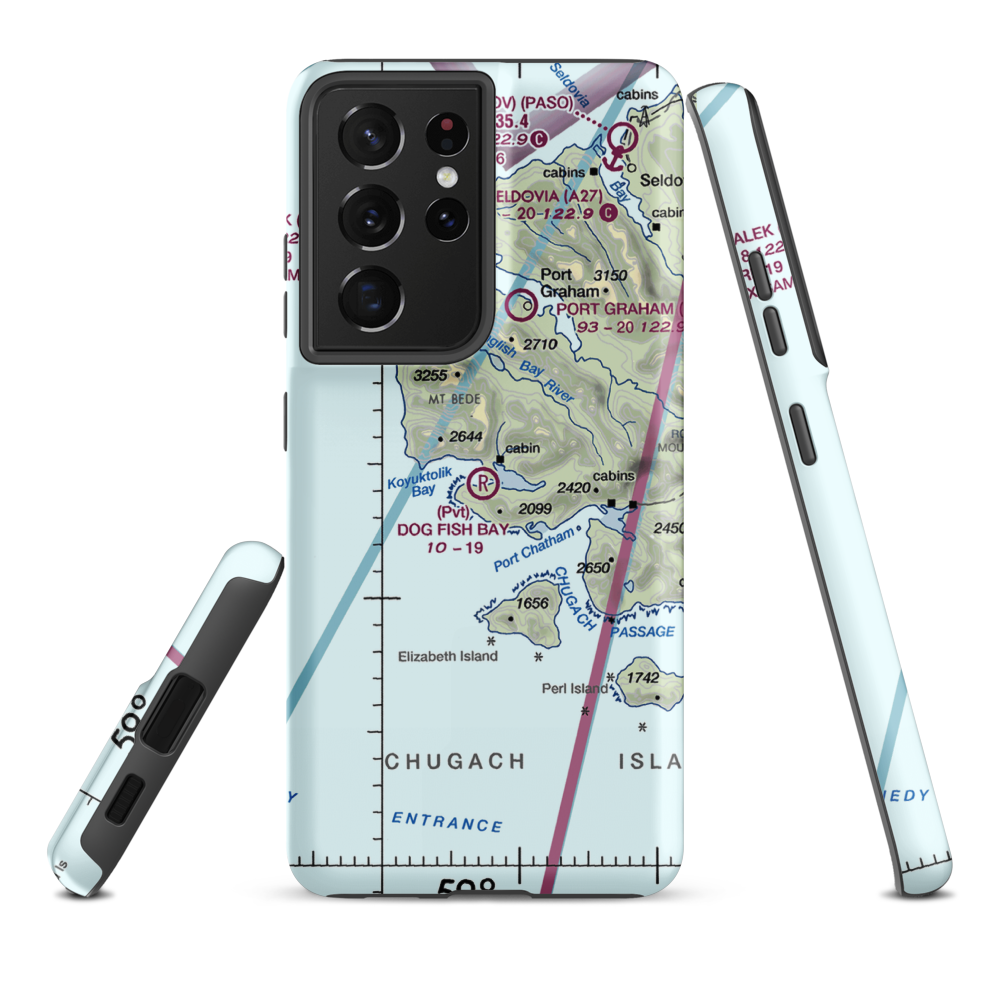 Dog Fish Bay Airport (AK07) VFR Sectional Samsung Phone Case Samsung Galaxy S21 Plus model shown