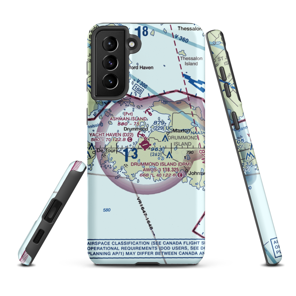 Drummond Island Airport (DRM) VFR Sectional Samsung Phone Case Samsung Galaxy S21 Plus model shown