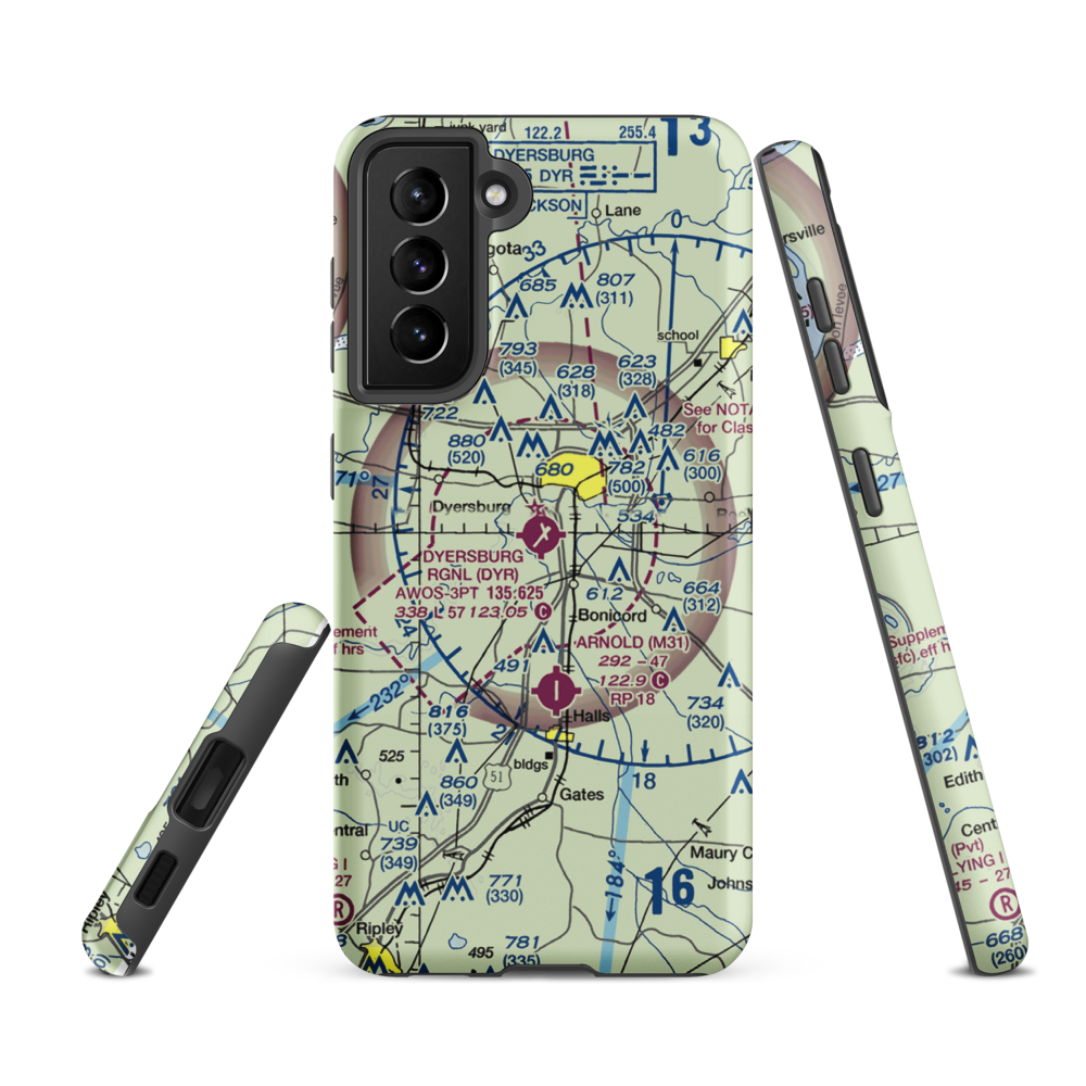 Dyersburg Regional Airport (DYR) VFR Sectional Samsung Phone Case Samsung Galaxy S21 FE model shown