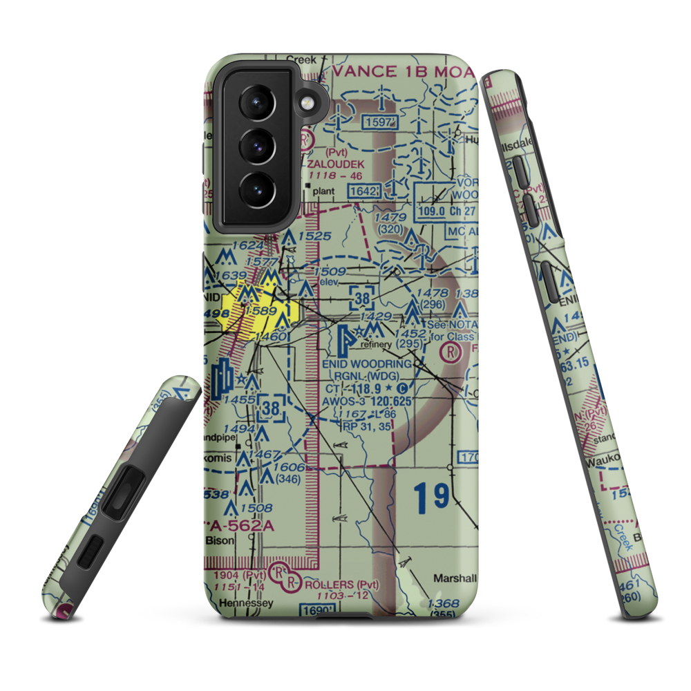 Enid Woodring Regional Airport (WDG) VFR Sectional Samsung Phone Case Samsung Galaxy S21 Plus model shown