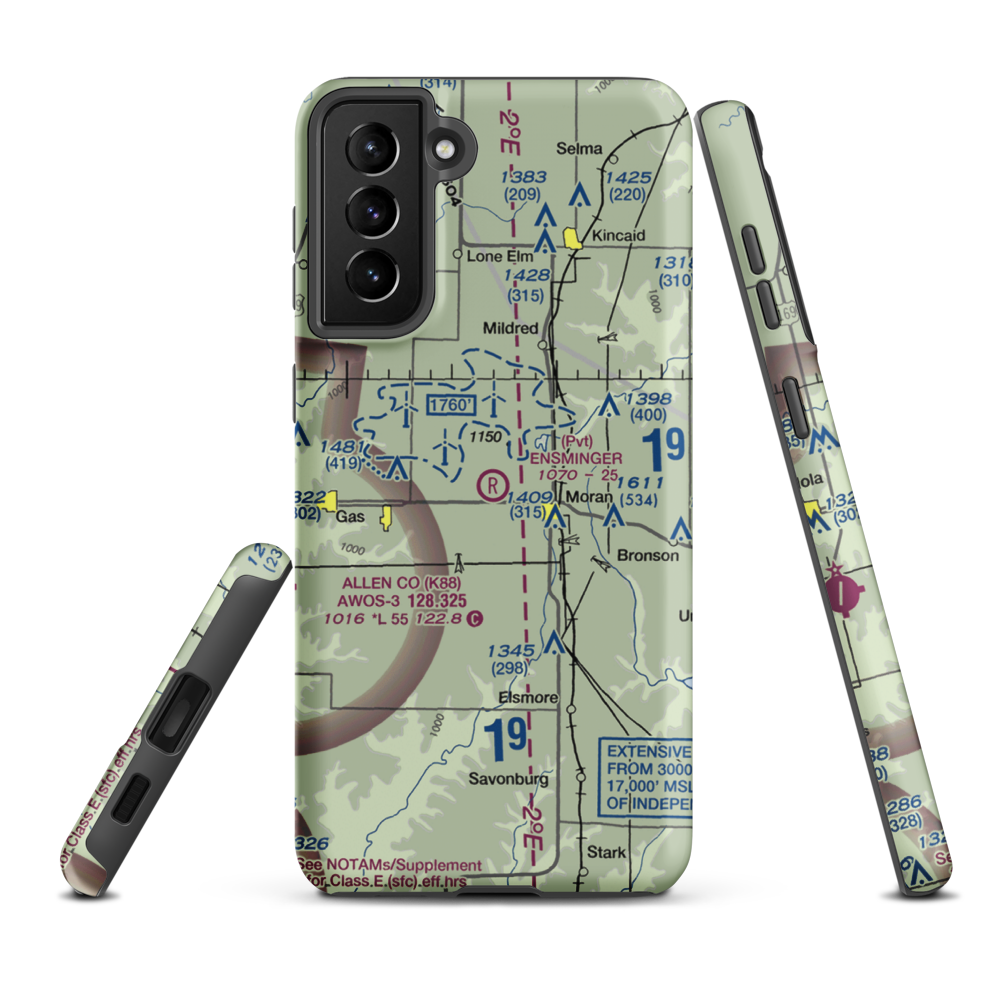 Ensminger Airport (74KS) VFR Sectional Samsung Phone Case Samsung Galaxy S21 Plus model shown