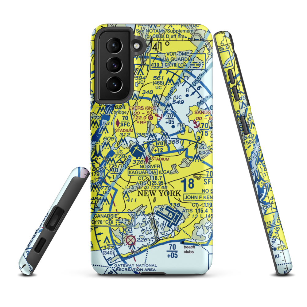 Flushing Airport (FLU) VFR Sectional Samsung Phone Case Samsung Galaxy S21 FE model shown