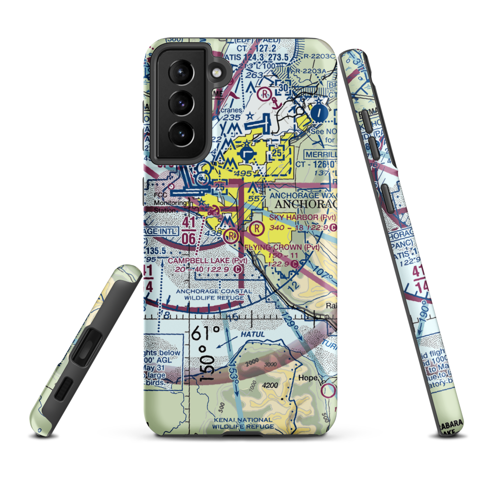 Flying Crown Airport (AK12) VFR Sectional Samsung Phone Case Samsung Galaxy S21 Plus model shown
