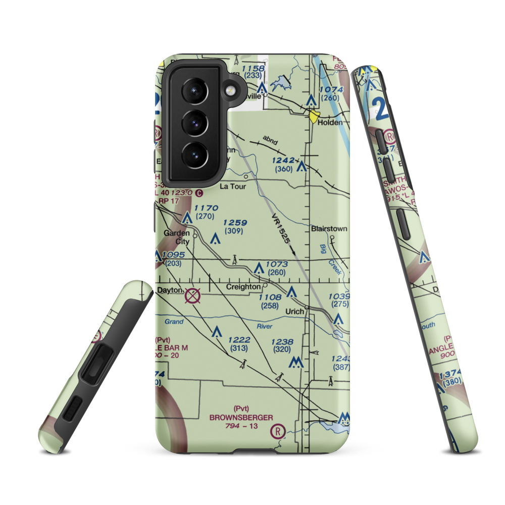 Flying G Airport (0MO1) VFR Sectional Samsung Phone Case Samsung Galaxy S21 FE model shown