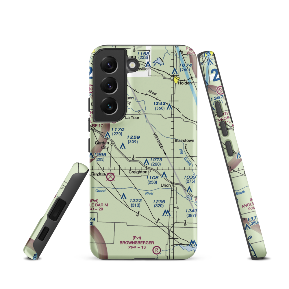 Flying G Airport (0MO1) VFR Sectional Samsung Phone Case Samsung Galaxy S22 model shown