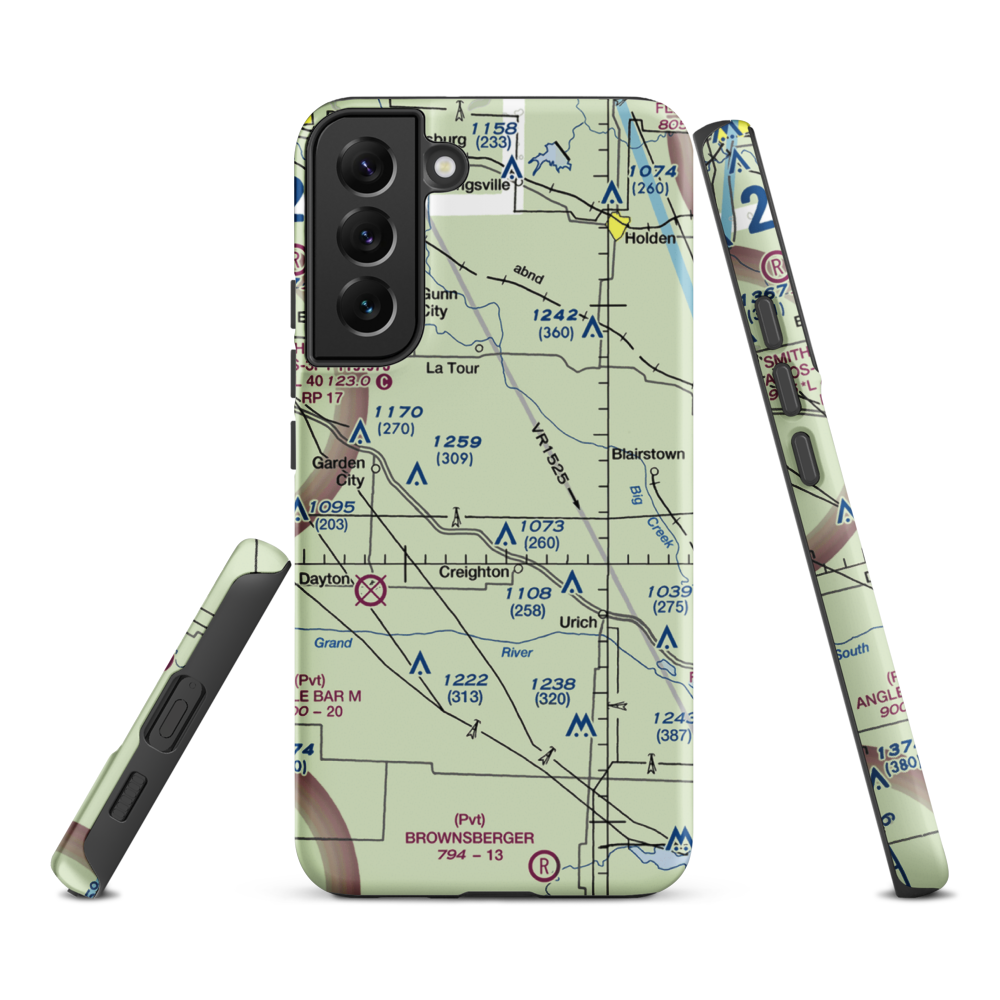 Flying G Airport (0MO1) VFR Sectional Samsung Phone Case Samsung Galaxy S22 Plus model shown