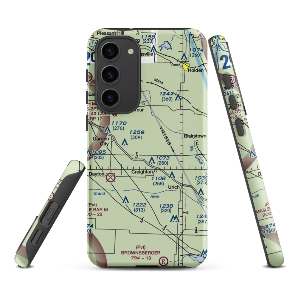 Flying G Airport (0MO1) VFR Sectional Samsung Phone Case Samsung Galaxy S23 Plus model shown