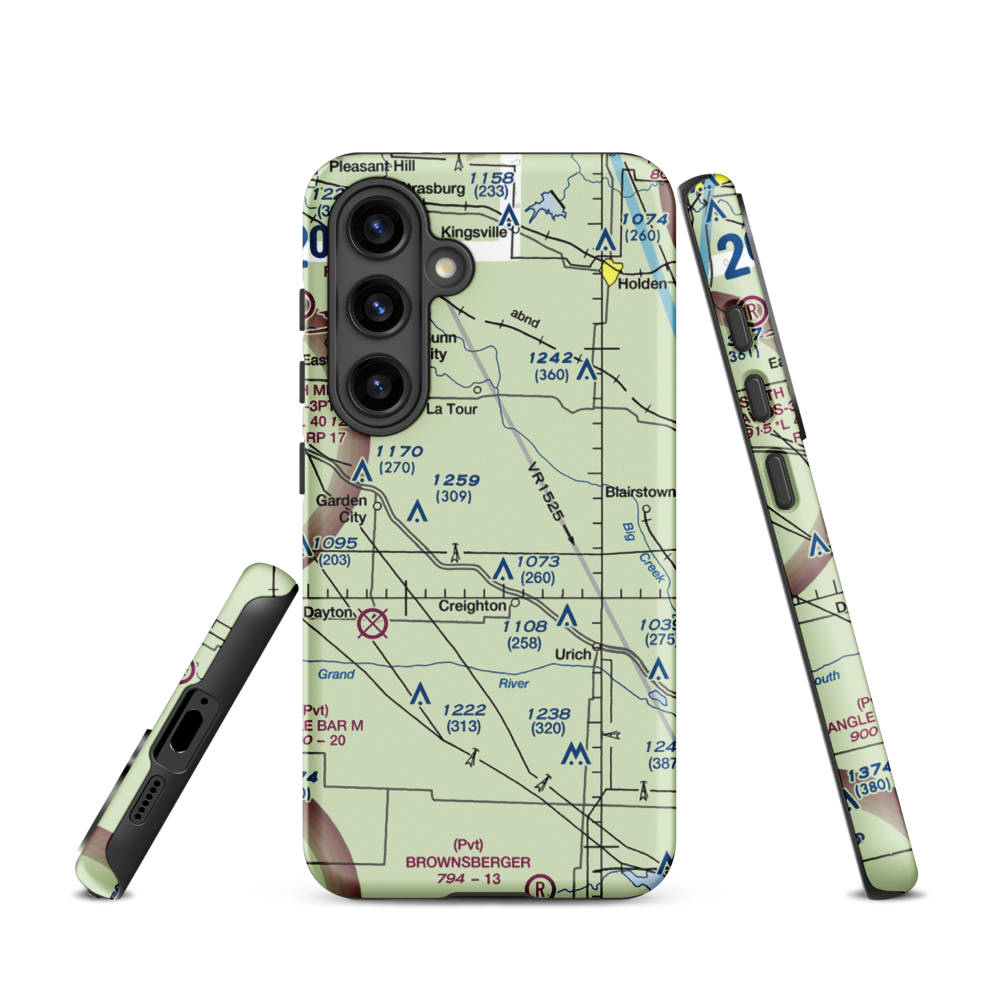 Flying G Airport (0MO1) VFR Sectional Samsung Phone Case Samsung Galaxy S24 model shown