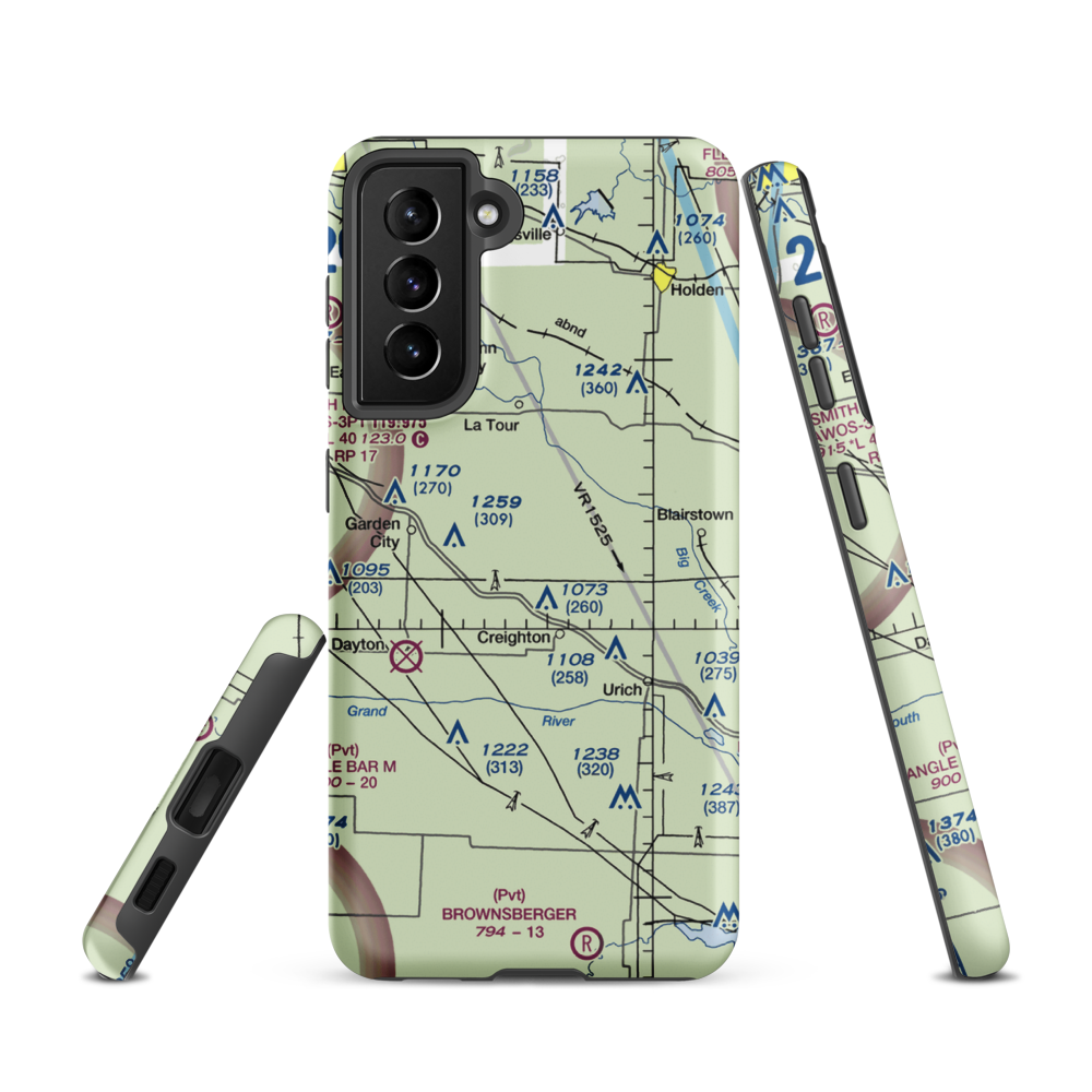 Flying G Airport (0MO1) VFR Sectional Samsung Phone Case Samsung Galaxy S21 model shown