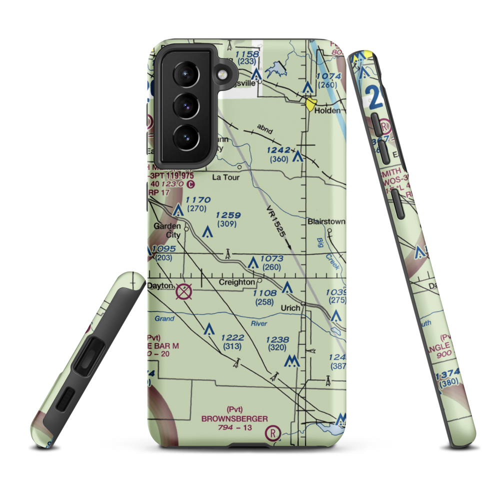 Flying G Airport (0MO1) VFR Sectional Samsung Phone Case Samsung Galaxy S21 FE model shown