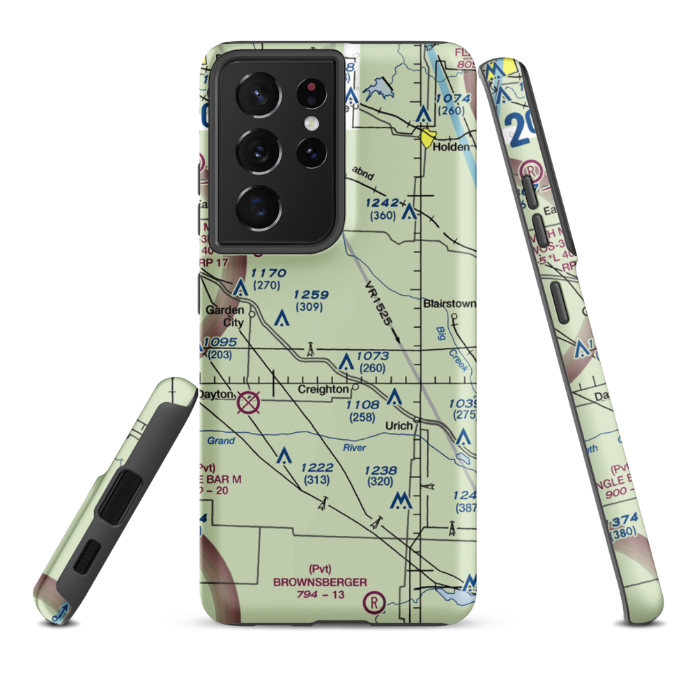 Flying G Airport (0MO1) VFR Sectional Samsung Phone Case Samsung Galaxy S21 Plus model shown