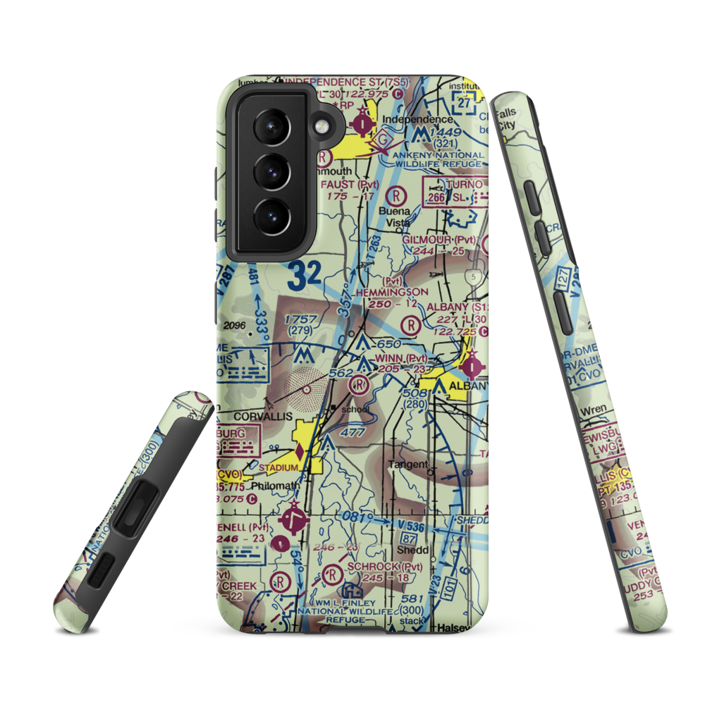Flying Tom Airport (OR39) VFR Sectional Samsung Phone Case Samsung Galaxy S21 FE model shown