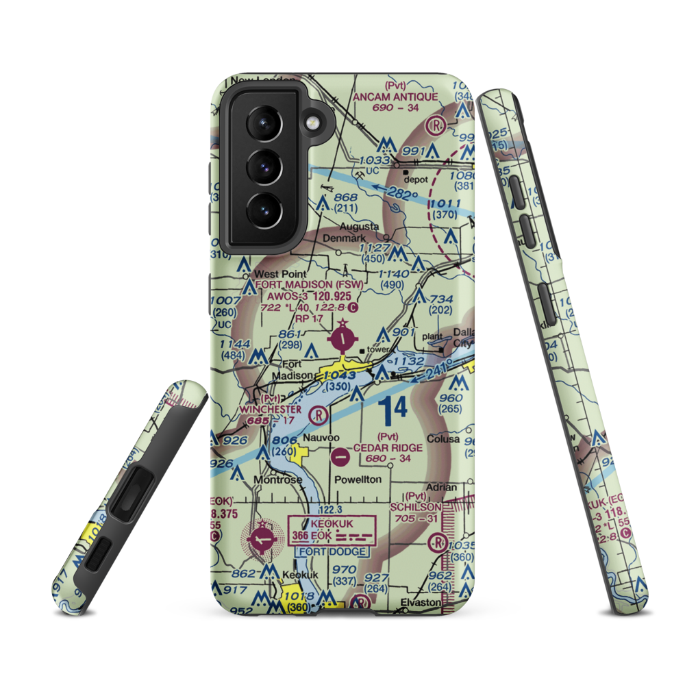 Fort Madison Municipal Airport (FSW) VFR Sectional Samsung Phone Case Samsung Galaxy S21 FE model shown
