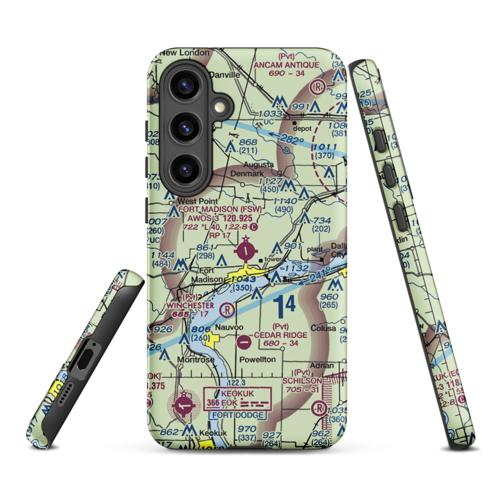 Fort Madison Municipal Airport (FSW) VFR Sectional Samsung Phone Case Samsung Galaxy S24 Plus model shown
