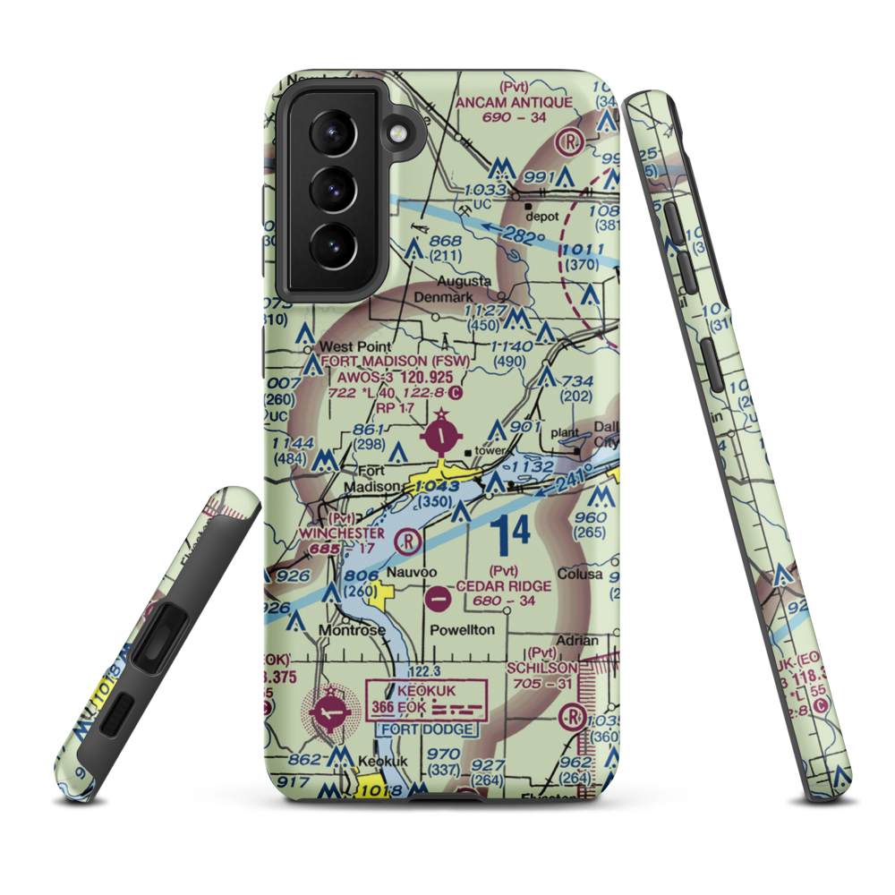 Fort Madison Municipal Airport (FSW) VFR Sectional Samsung Phone Case Samsung Galaxy S21 Plus model shown