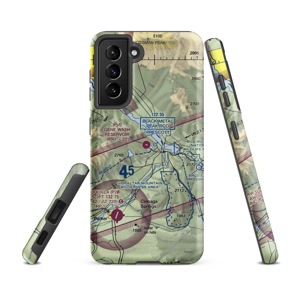 Gene Wash Reservoir Airport (5CL7) VFR Sectional Samsung Phone Case Samsung Galaxy S21 FE model shown