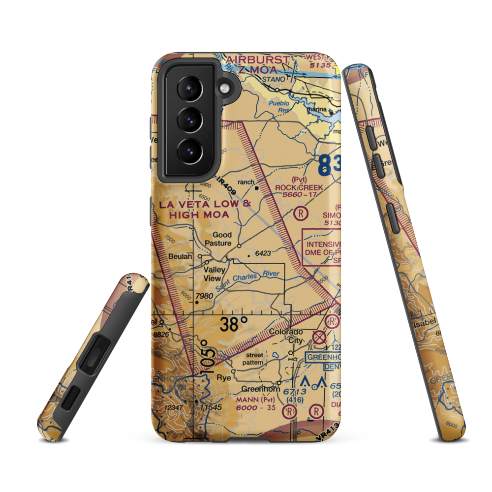 Good Pasture Airport (14CO) VFR Sectional Samsung Phone Case Samsung Galaxy S21 FE model shown