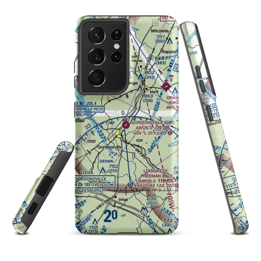 Gordonsville Municipal Airport (GVE) VFR Sectional Samsung Phone Case Samsung Galaxy S21 Plus model shown