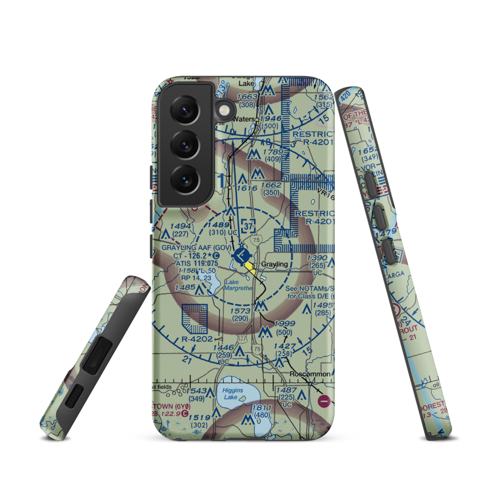 Grayling Army Air Field (GOV) VFR Sectional Samsung Phone Case Samsung Galaxy S22 model shown