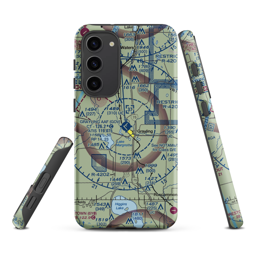 Grayling Army Air Field (GOV) VFR Sectional Samsung Phone Case Samsung Galaxy S23 Plus model shown