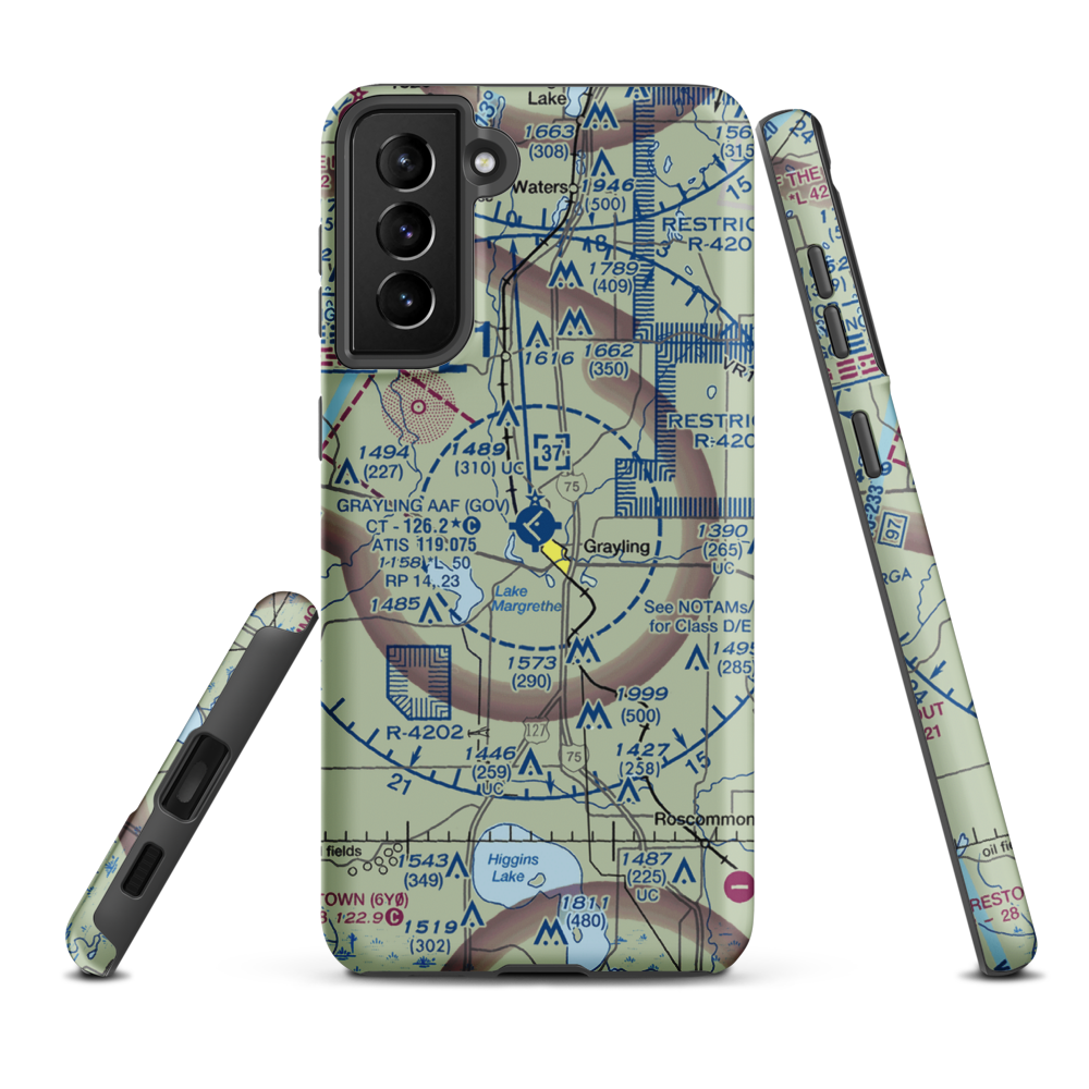 Grayling Army Air Field (GOV) VFR Sectional Samsung Phone Case Samsung Galaxy S21 FE model shown