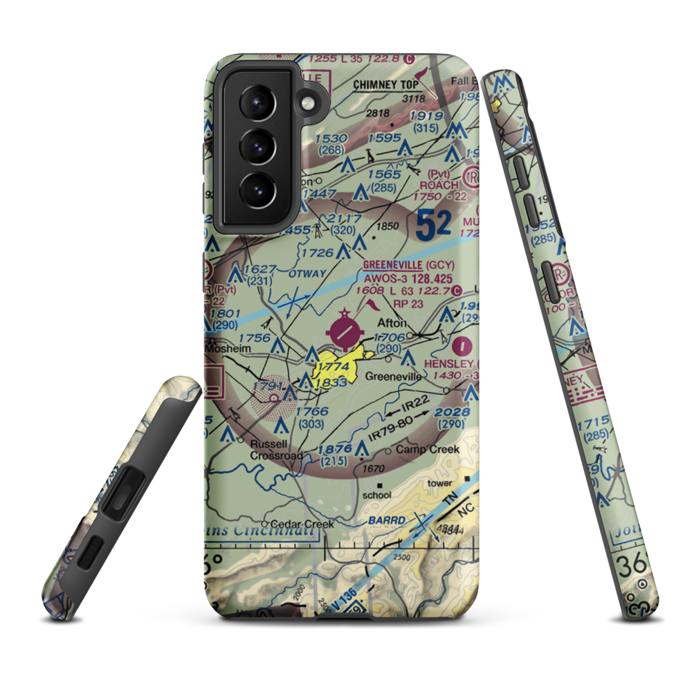 Greeneville-Greene County Municipal Airport (GCY) VFR Sectional Samsung Phone Case Samsung Galaxy S21 FE model shown