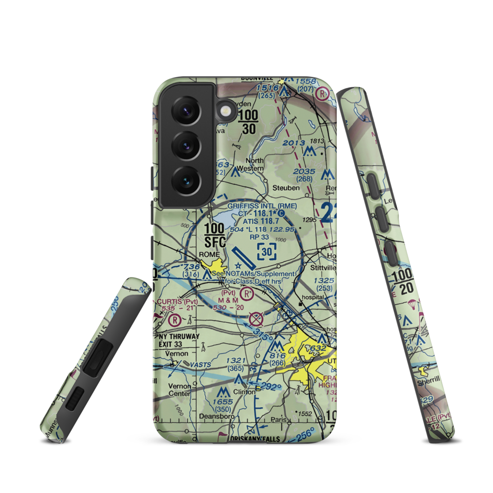 Griffiss International Airport (RME) VFR Sectional Samsung Phone Case Samsung Galaxy S22 model shown