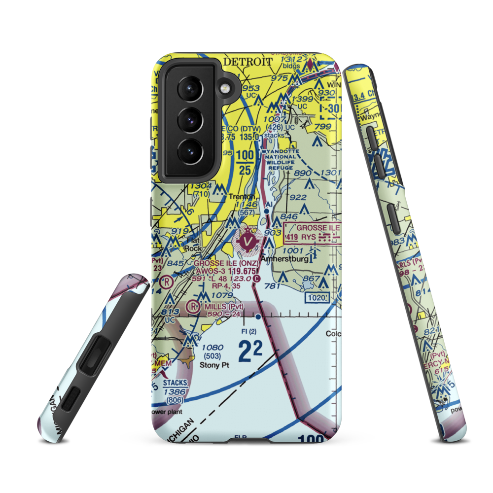 Grosse Ile Municipal Airport (ONZ) VFR Sectional Samsung Phone Case Samsung Galaxy S21 FE model shown