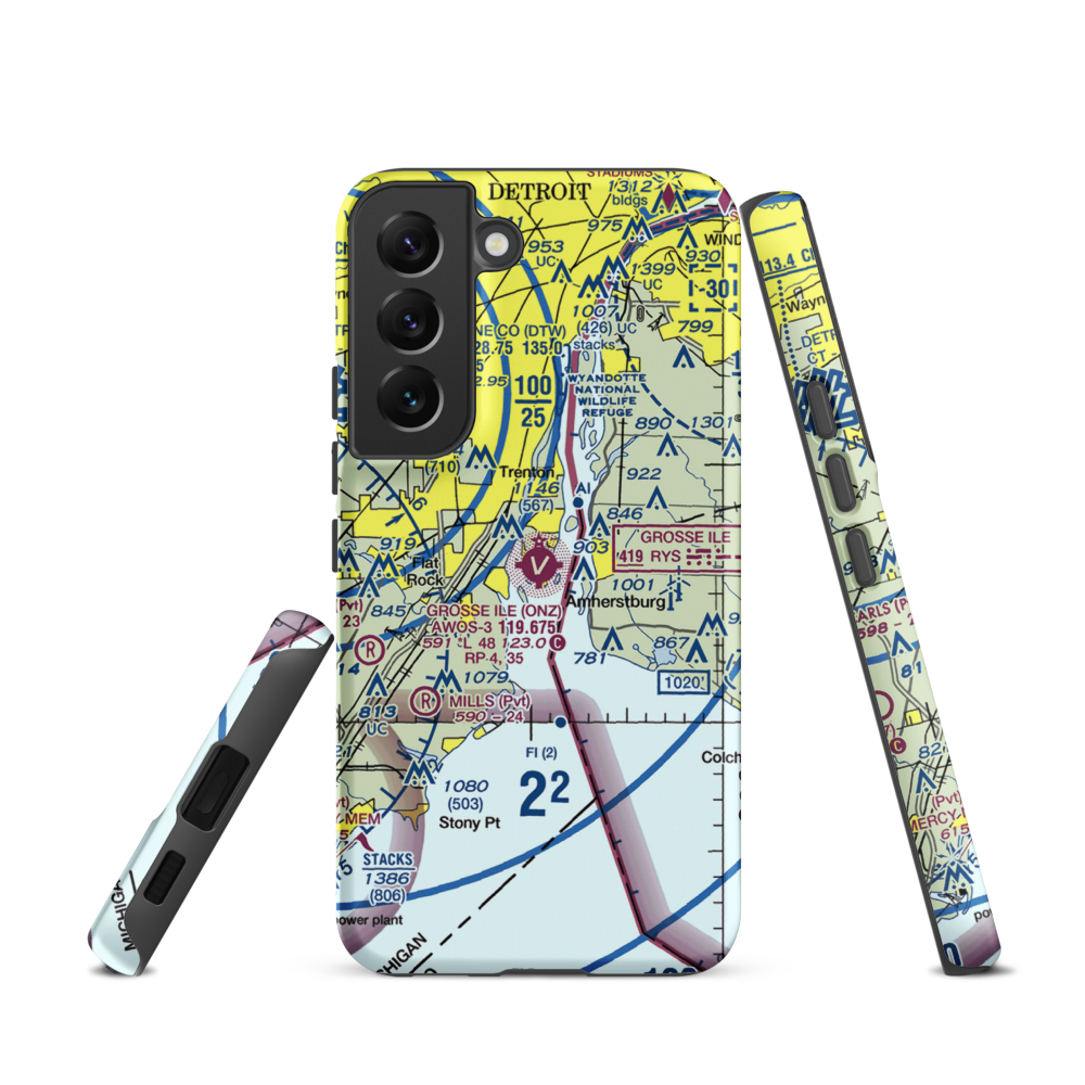 Grosse Ile Municipal Airport (ONZ) VFR Sectional Samsung Phone Case Samsung Galaxy S22 model shown