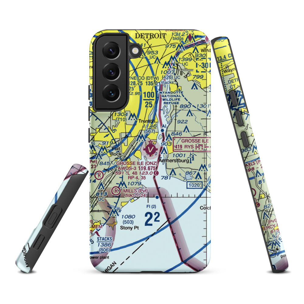 Grosse Ile Municipal Airport (ONZ) VFR Sectional Samsung Phone Case Samsung Galaxy S22 Plus model shown