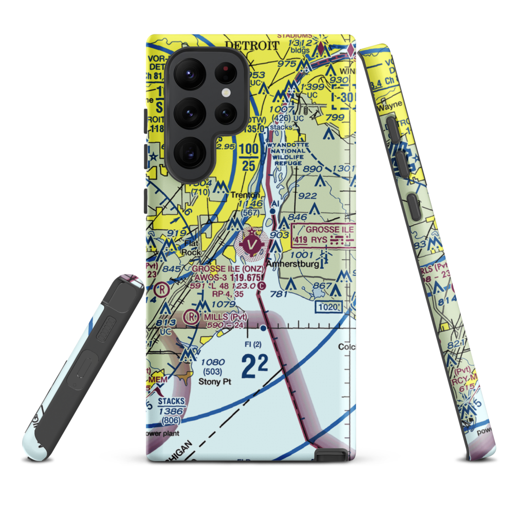 Grosse Ile Municipal Airport (ONZ) VFR Sectional Samsung Phone Case Samsung Galaxy S22 Ultra model shown