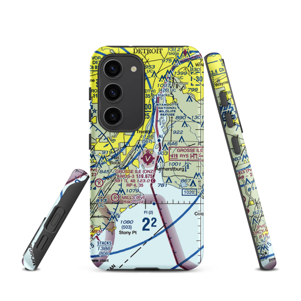Grosse Ile Municipal Airport (ONZ) VFR Sectional Samsung Phone Case Samsung Galaxy S23 model shown