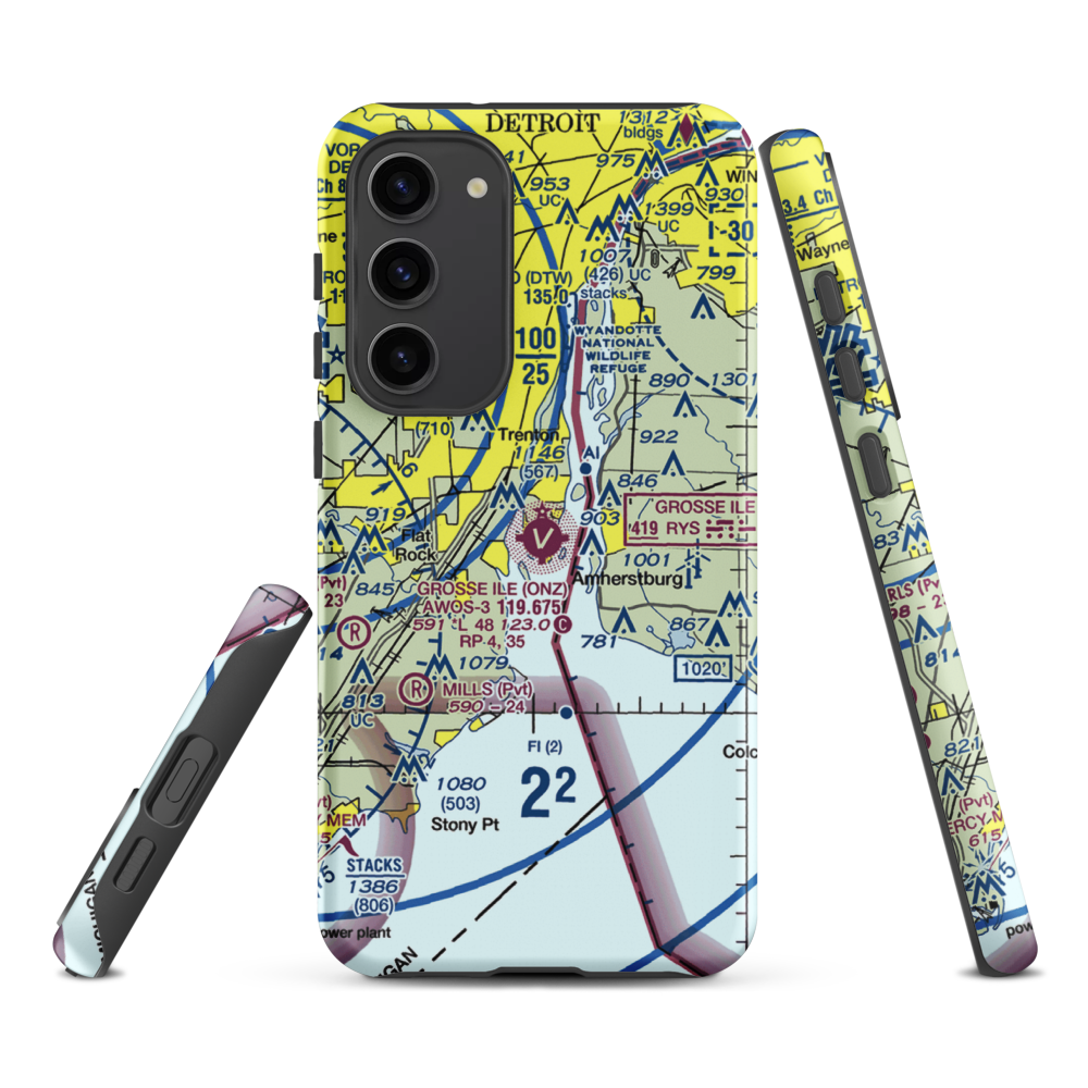 Grosse Ile Municipal Airport (ONZ) VFR Sectional Samsung Phone Case Samsung Galaxy S23 Plus model shown