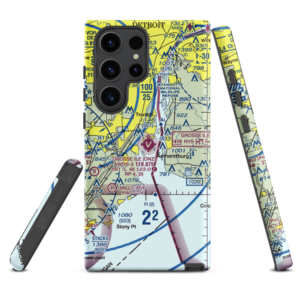 Grosse Ile Municipal Airport (ONZ) VFR Sectional Samsung Phone Case Samsung Galaxy S23 Ultra model shown