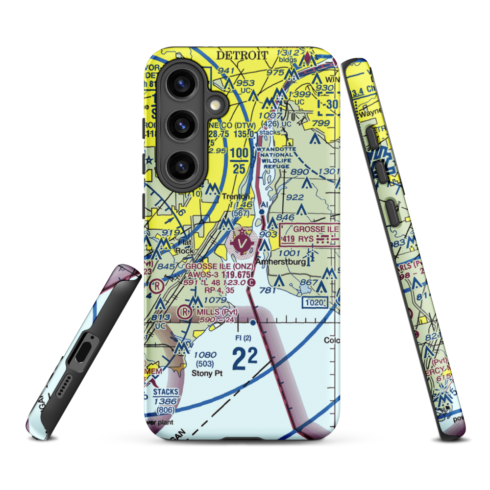 Grosse Ile Municipal Airport (ONZ) VFR Sectional Samsung Phone Case Samsung Galaxy S24 Plus model shown