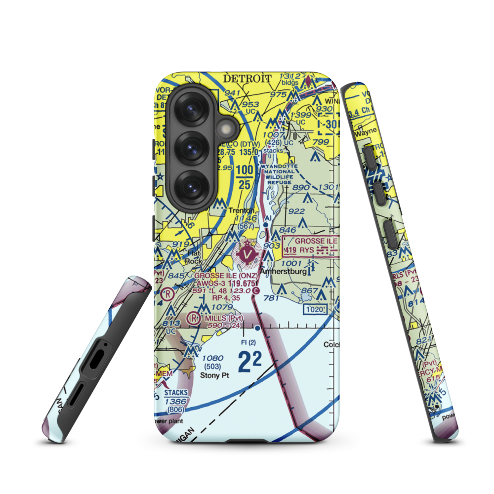 Grosse Ile Municipal Airport (ONZ) VFR Sectional Samsung Phone Case Samsung Galaxy S25 model shown