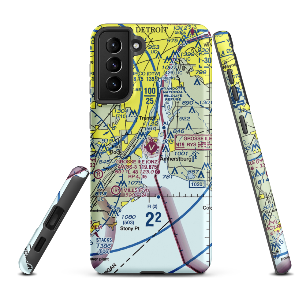 Grosse Ile Municipal Airport (ONZ) VFR Sectional Samsung Phone Case Samsung Galaxy S21 FE model shown