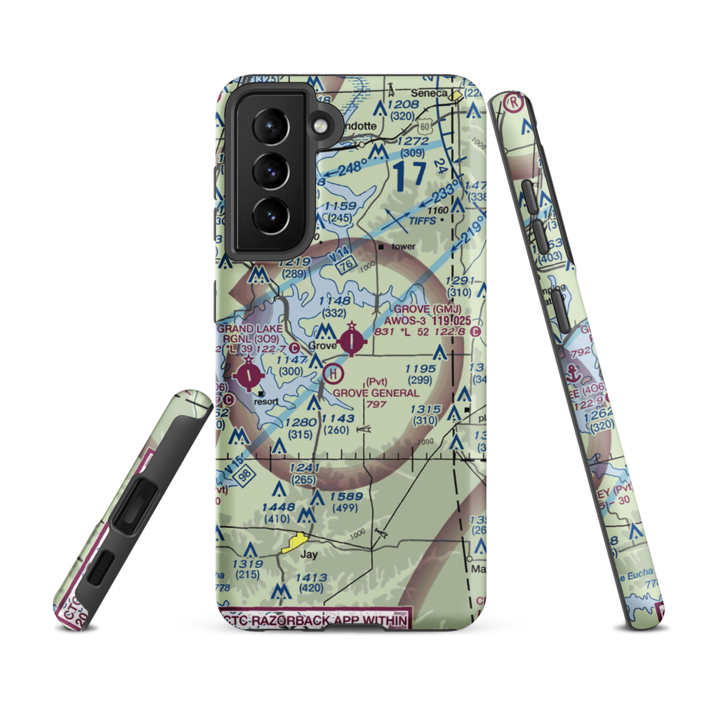 Grove Municipal Airport (GMJ) VFR Sectional Samsung Phone Case Samsung Galaxy S21 FE model shown