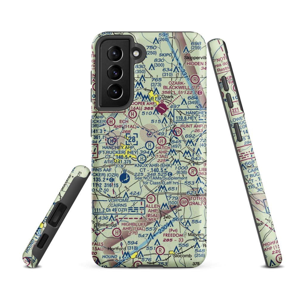 Hanchey Army (Fort Rucker) Heliport (HEY) VFR Sectional Samsung Phone Case Samsung Galaxy S21 FE model shown