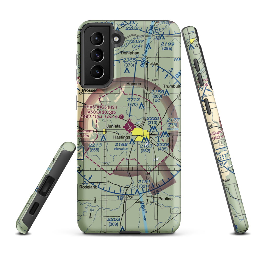 Hastings Municipal Airport (HSI) VFR Sectional Samsung Phone Case Samsung Galaxy S21 Plus model shown