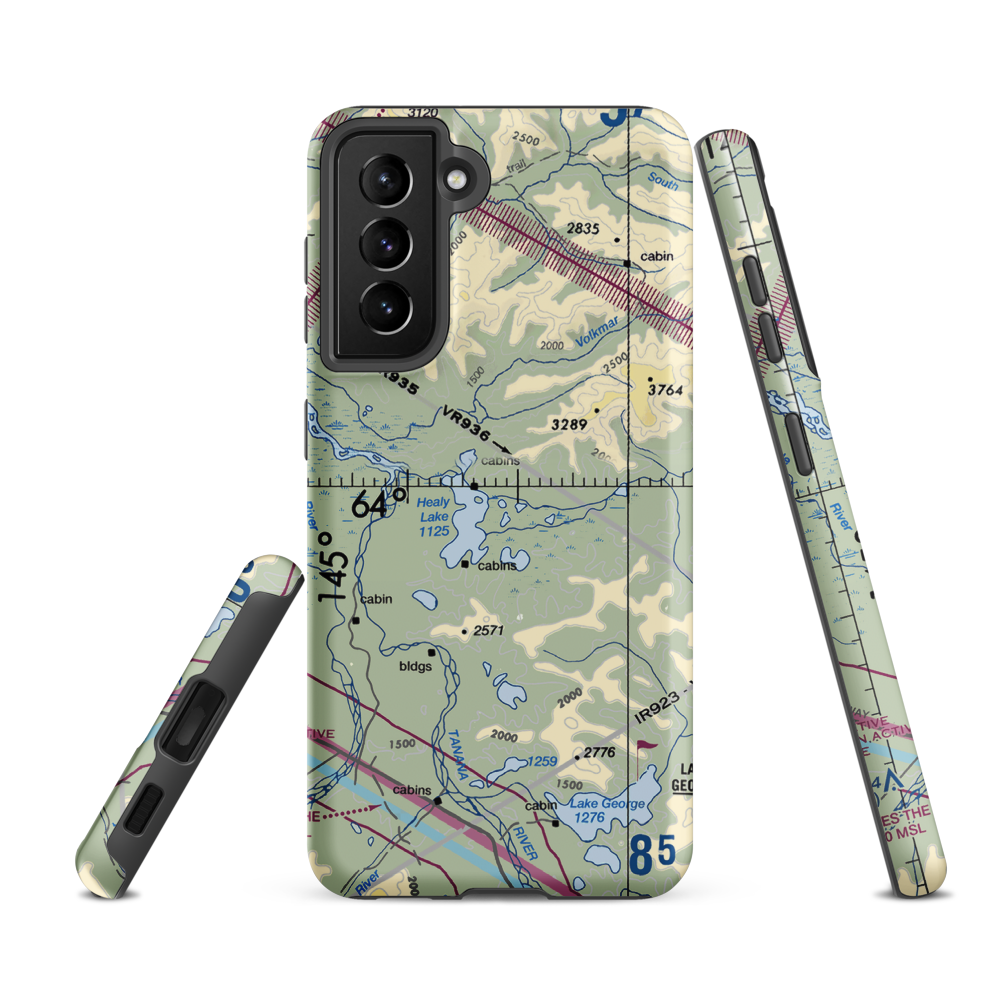 Healy Lake Airport (HKB) VFR Sectional Samsung Phone Case Samsung Galaxy S21 FE model shown