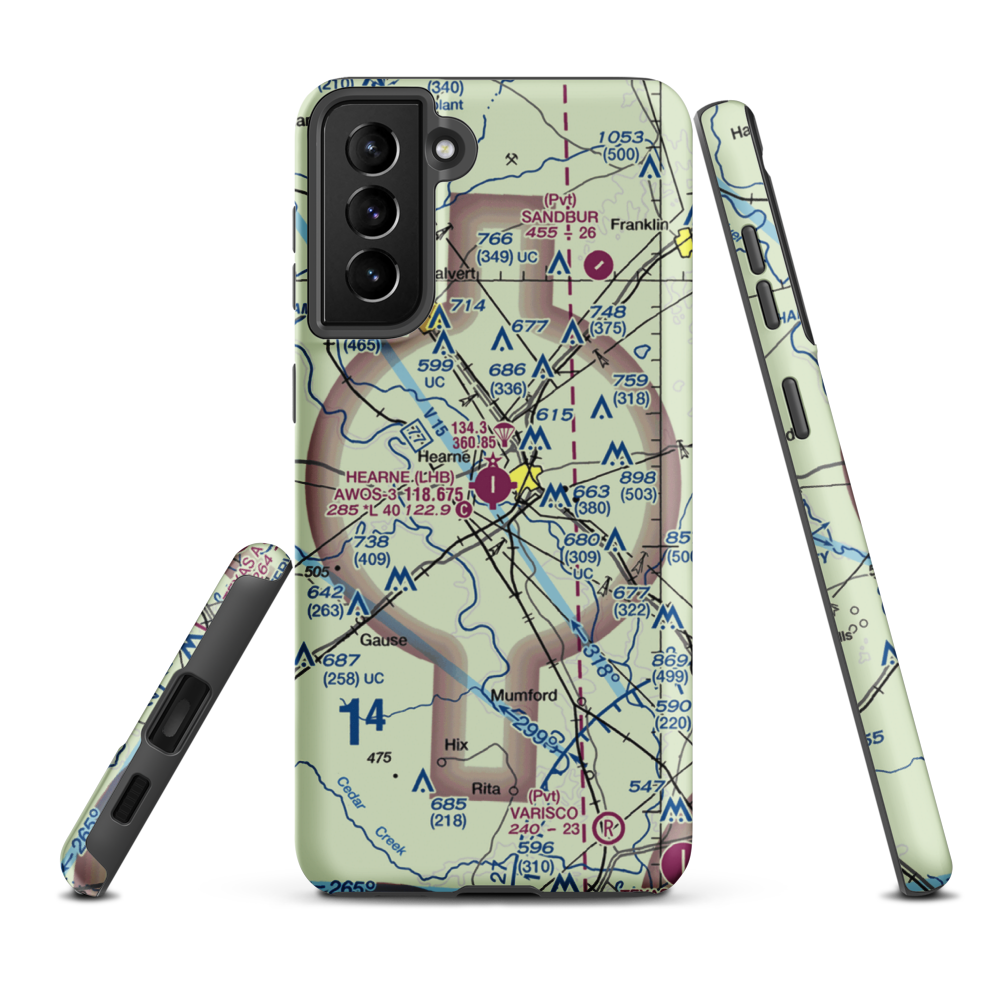 Hearne Municipal Airport (LHB) VFR Sectional Samsung Phone Case Samsung Galaxy S21 FE model shown
