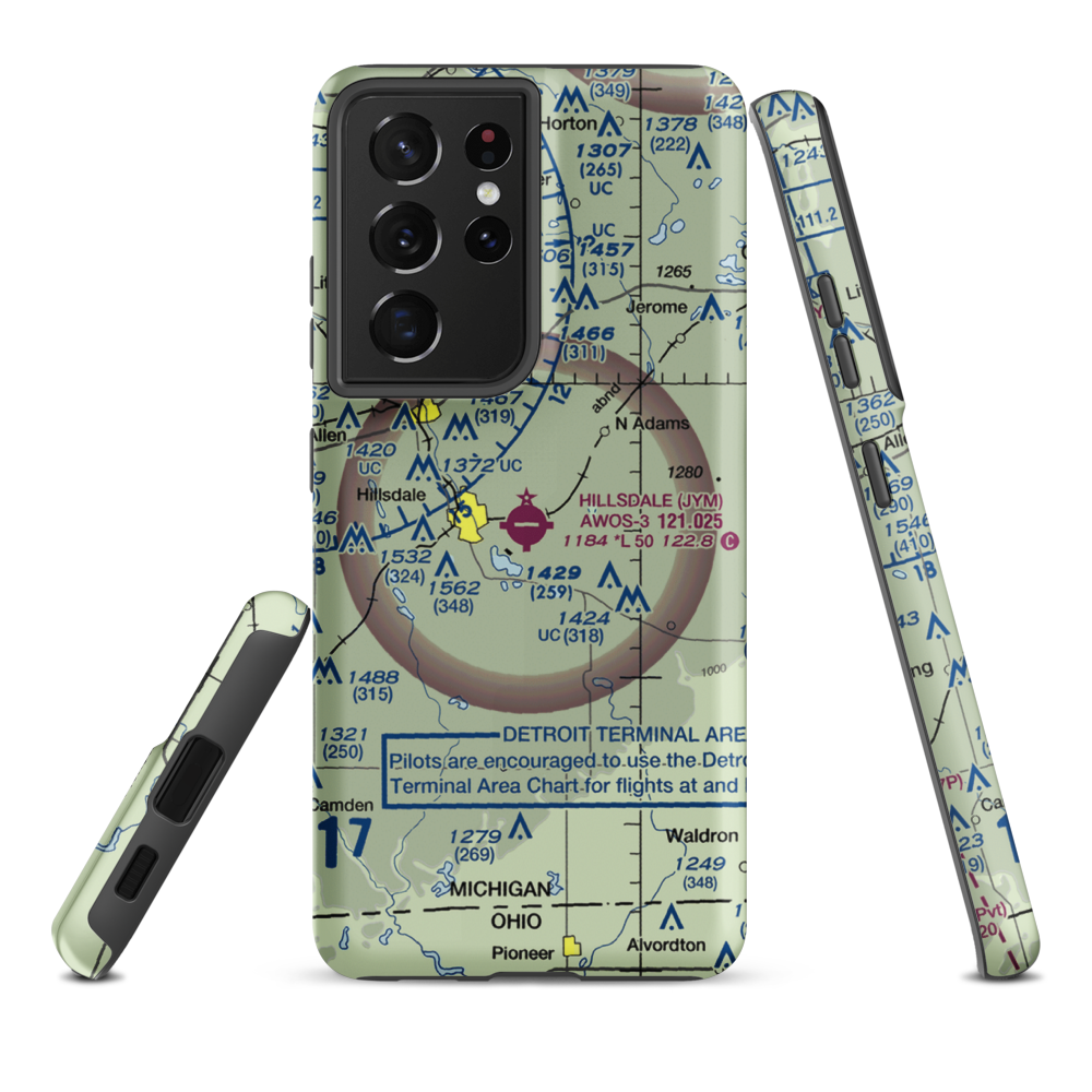Hillsdale Municipal Airport (JYM) VFR Sectional Samsung Phone Case Samsung Galaxy S21 Plus model shown