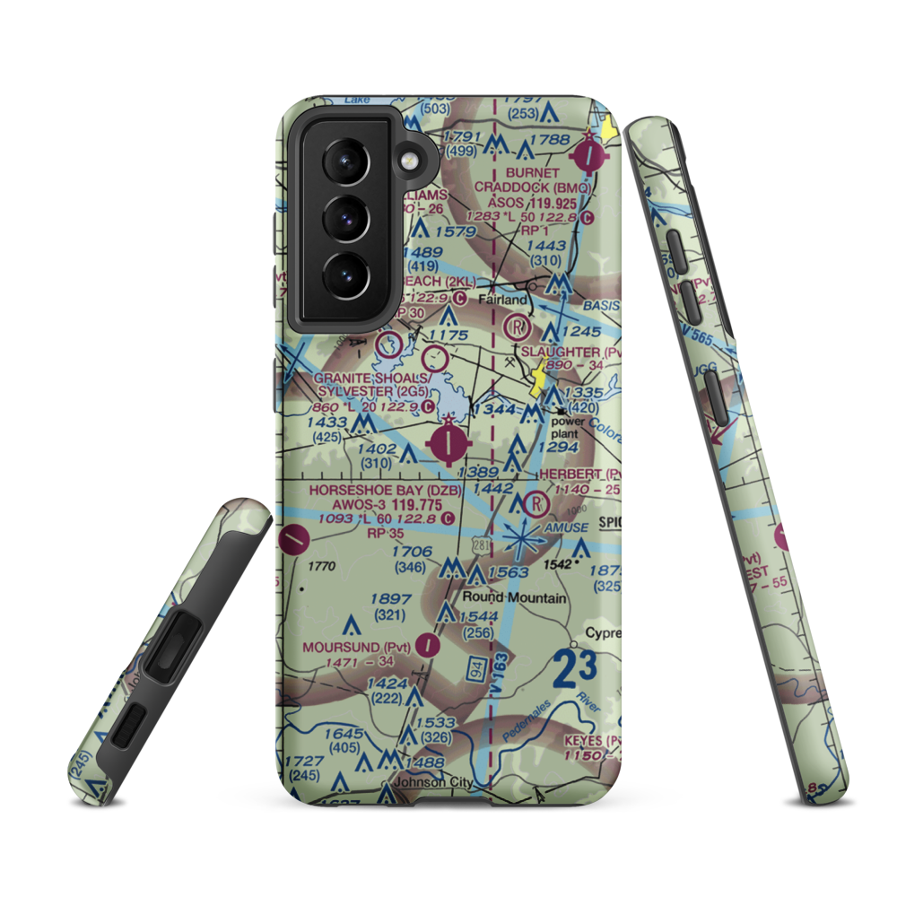 Horseshoe Bay Resort Airpark (DZB) VFR Sectional Samsung Phone Case Samsung Galaxy S21 FE model shown