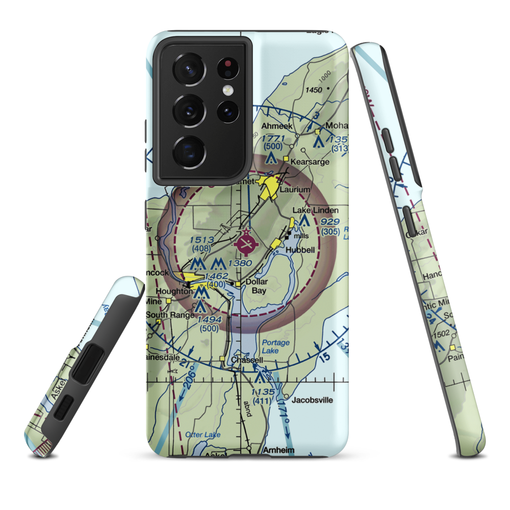 Houghton County Memorial Airport (CMX) VFR Sectional Samsung Phone Case Samsung Galaxy S21 Plus model shown