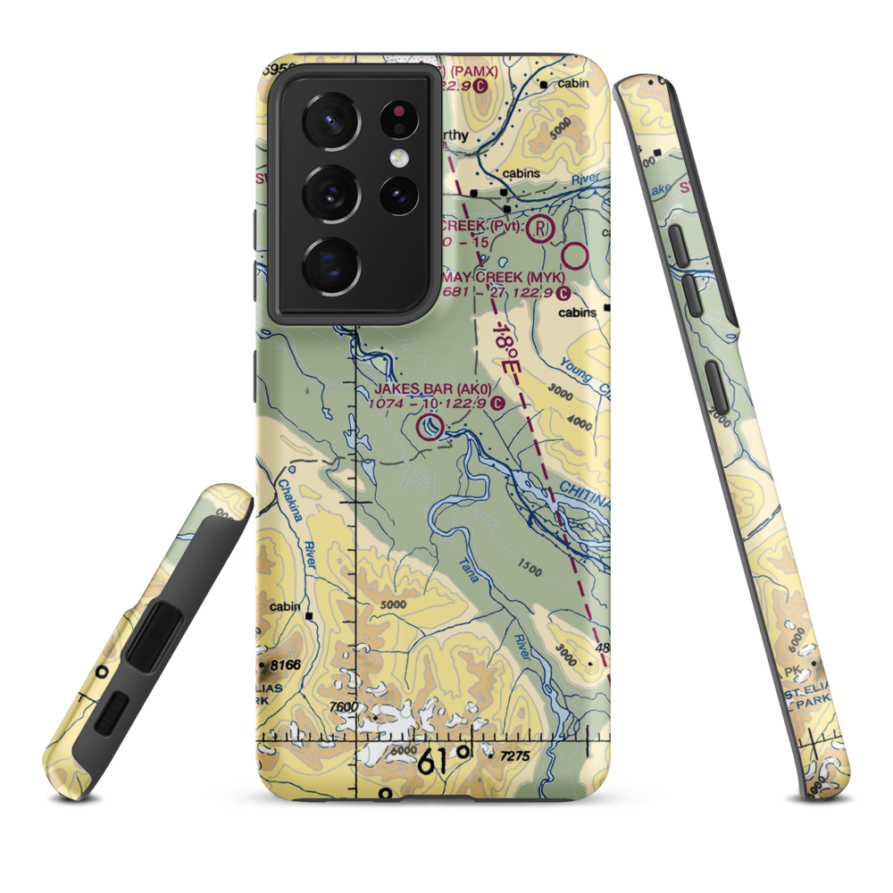 Jakes Bar Airport (AK0) VFR Sectional Samsung Phone Case Samsung Galaxy S21 Plus model shown