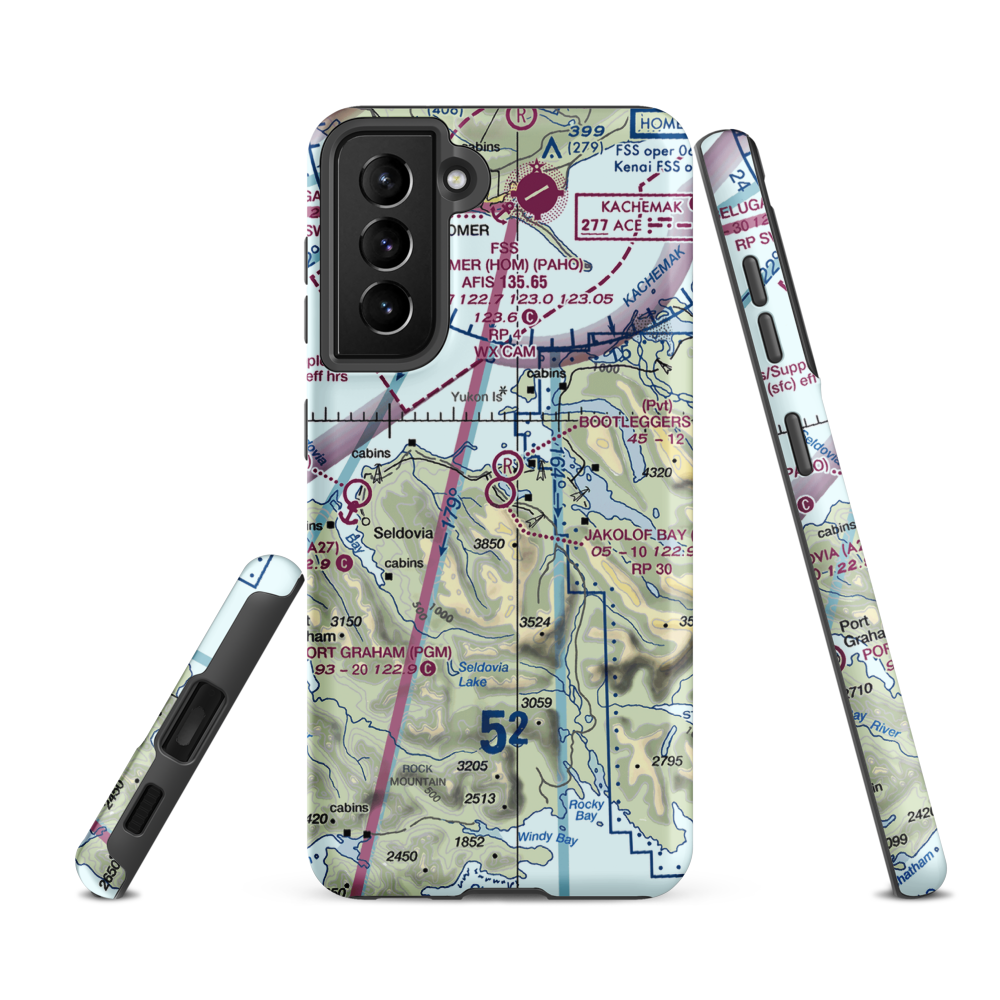 Jakolof Bay Airport (4Z9) VFR Sectional Samsung Phone Case Samsung Galaxy S21 FE model shown